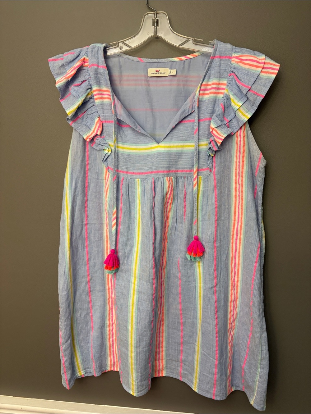 Vineyard Vines Light Blue Striped Tassel Ruffle Dress - Size L